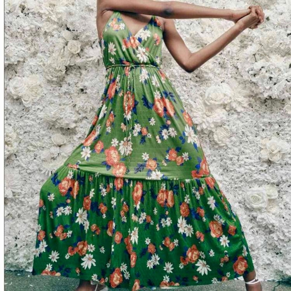 Zara Floral Textured Fabric Surplice Maxi Dress Braided Belt - Blogger Fave!!